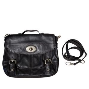 Fossil Black Leather Crossbody Satchel Bag Turnlock Buckle Flap Adjustable Strap